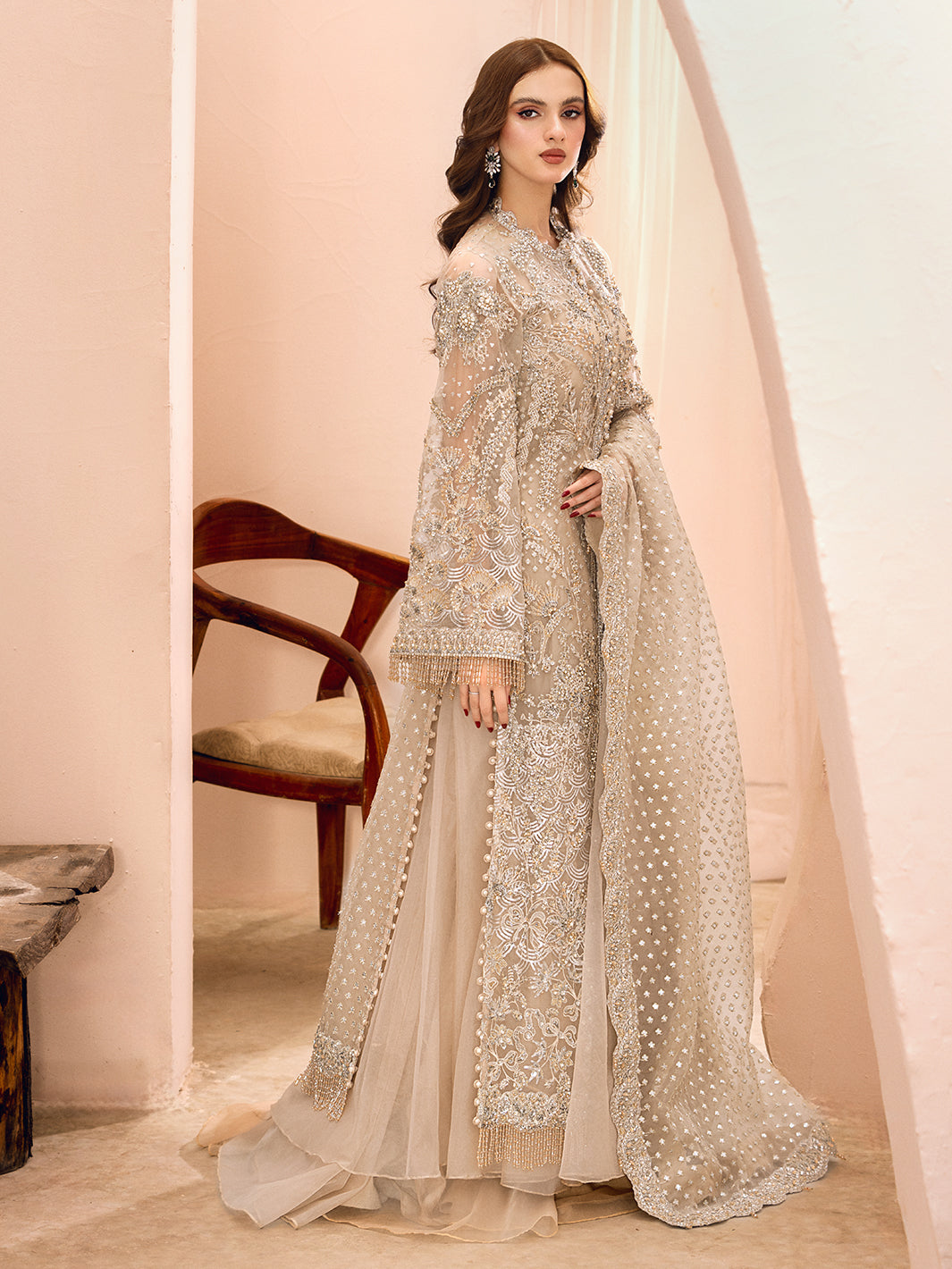 Pakistani Pista Green Embroidered Raw Silk & Net Long Shirt (3-Piece) - Image 9