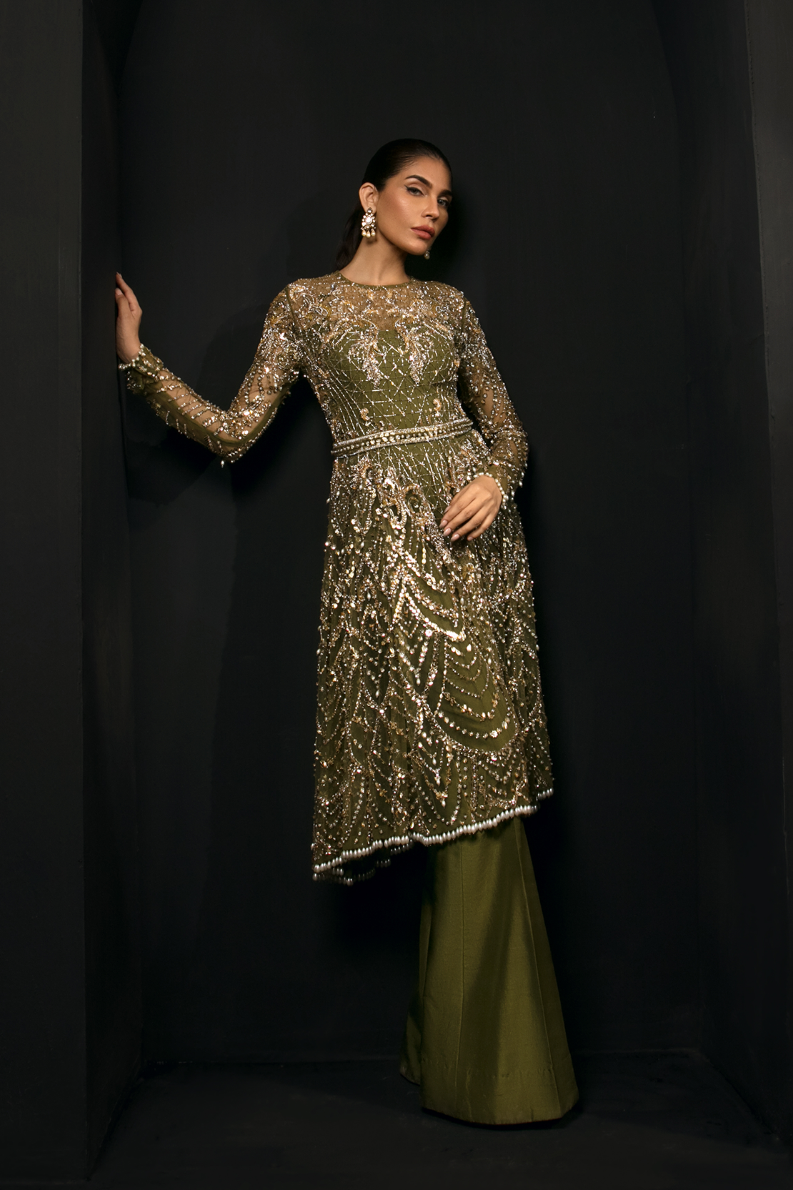 Pakistani Olive Green Embellished Net & Raw Silk Salwar Kameez (3-Piece) - Image 1