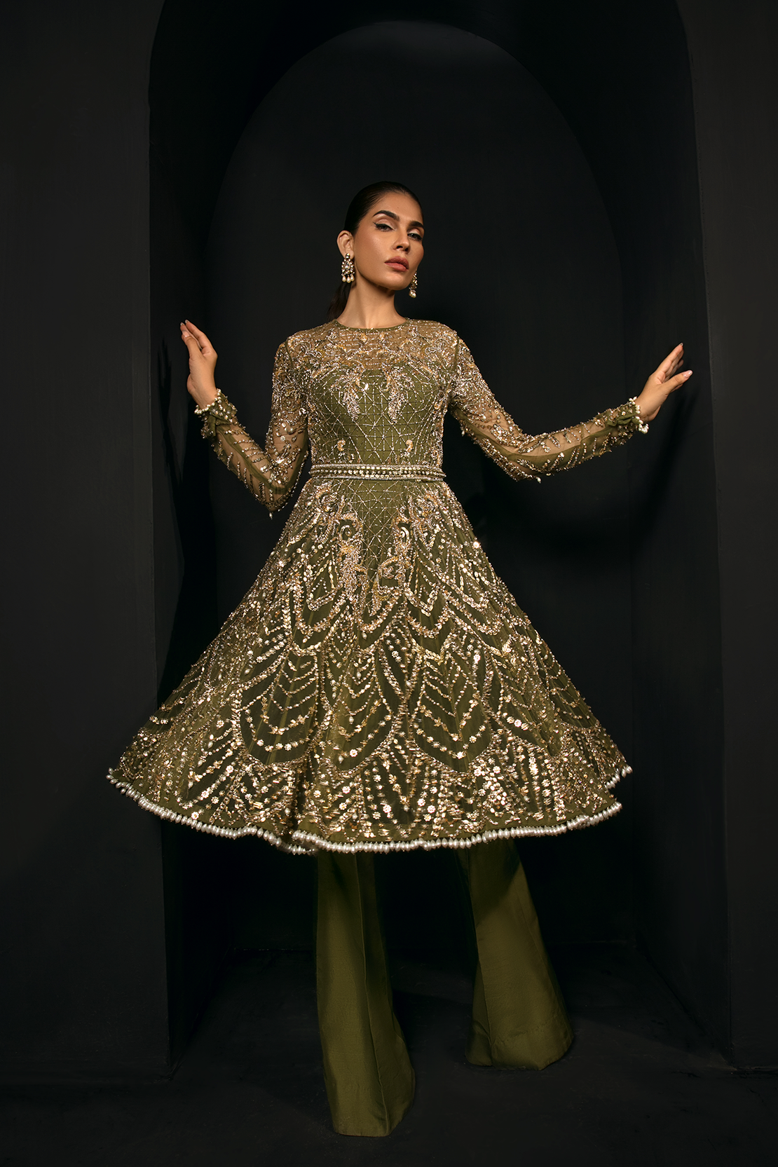 Pakistani Olive Green Embellished Net & Raw Silk Salwar Kameez (3-Piece) - Image 4