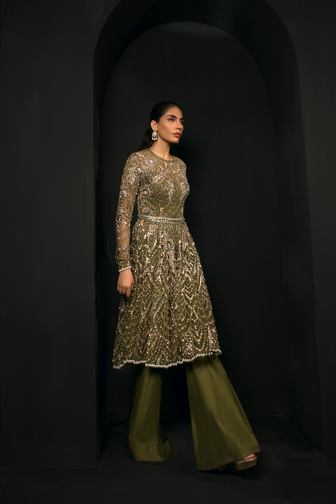 Pakistani Olive Green Embellished Net & Raw Silk Salwar Kameez (3-Piece) - Image 5