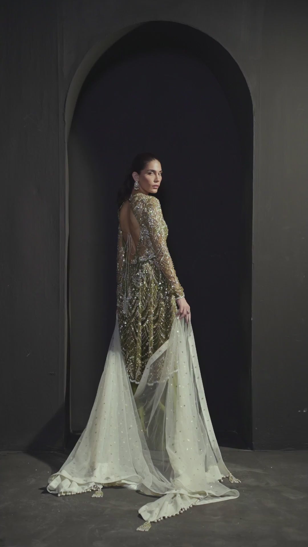 Pakistani Olive Green Embellished Net & Raw Silk Salwar Kameez (3-Piece) - Image 6