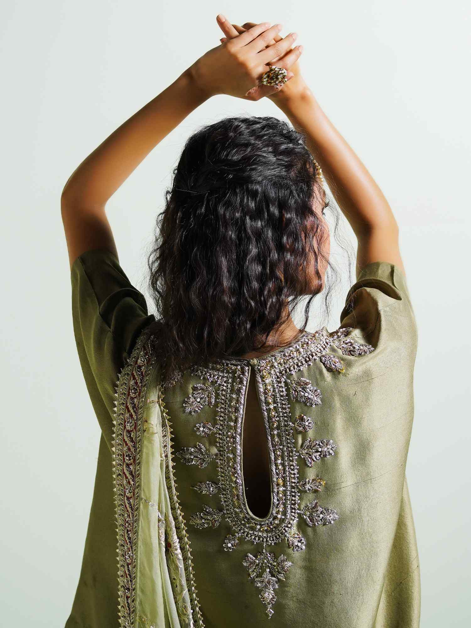 Sage Green Embroidered Raw Silk Salwar Kameez (3-Piece) - Image 3