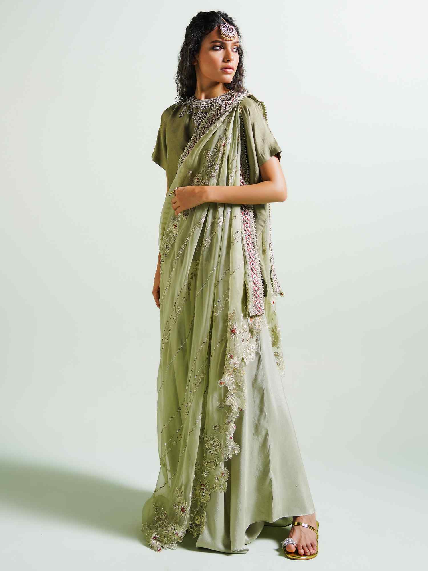 Sage Green Embroidered Raw Silk Salwar Kameez (3-Piece) - Image 4