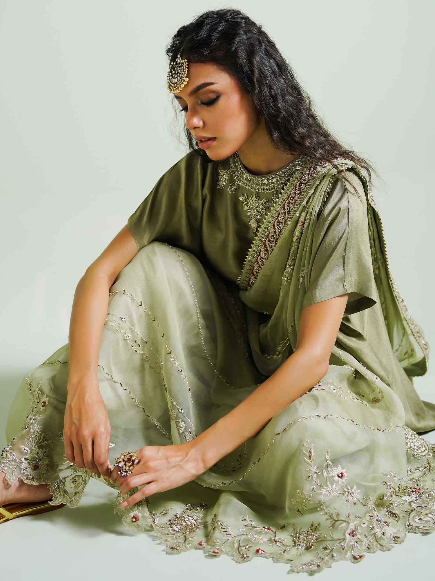 Sage Green Embroidered Raw Silk Salwar Kameez (3-Piece) - Image 5