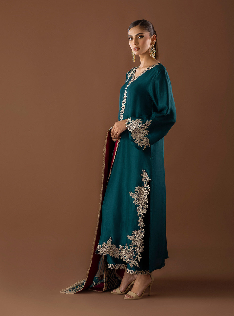 Emerald Green Embroidered Raw Silk Salwar Kameez (3-Piece) - Image 3