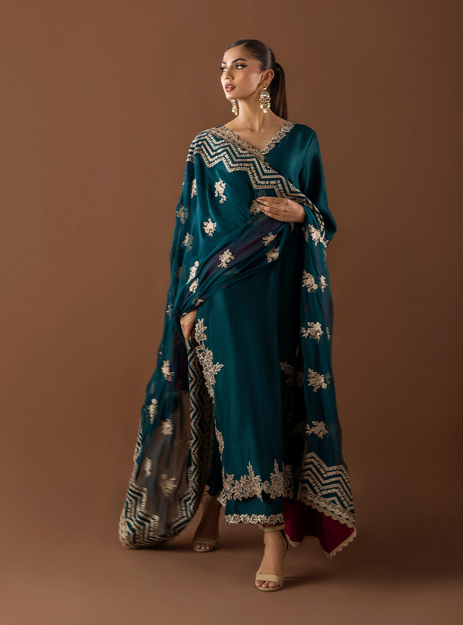 Emerald Green Embroidered Raw Silk Salwar Kameez (3-Piece) - Image 6