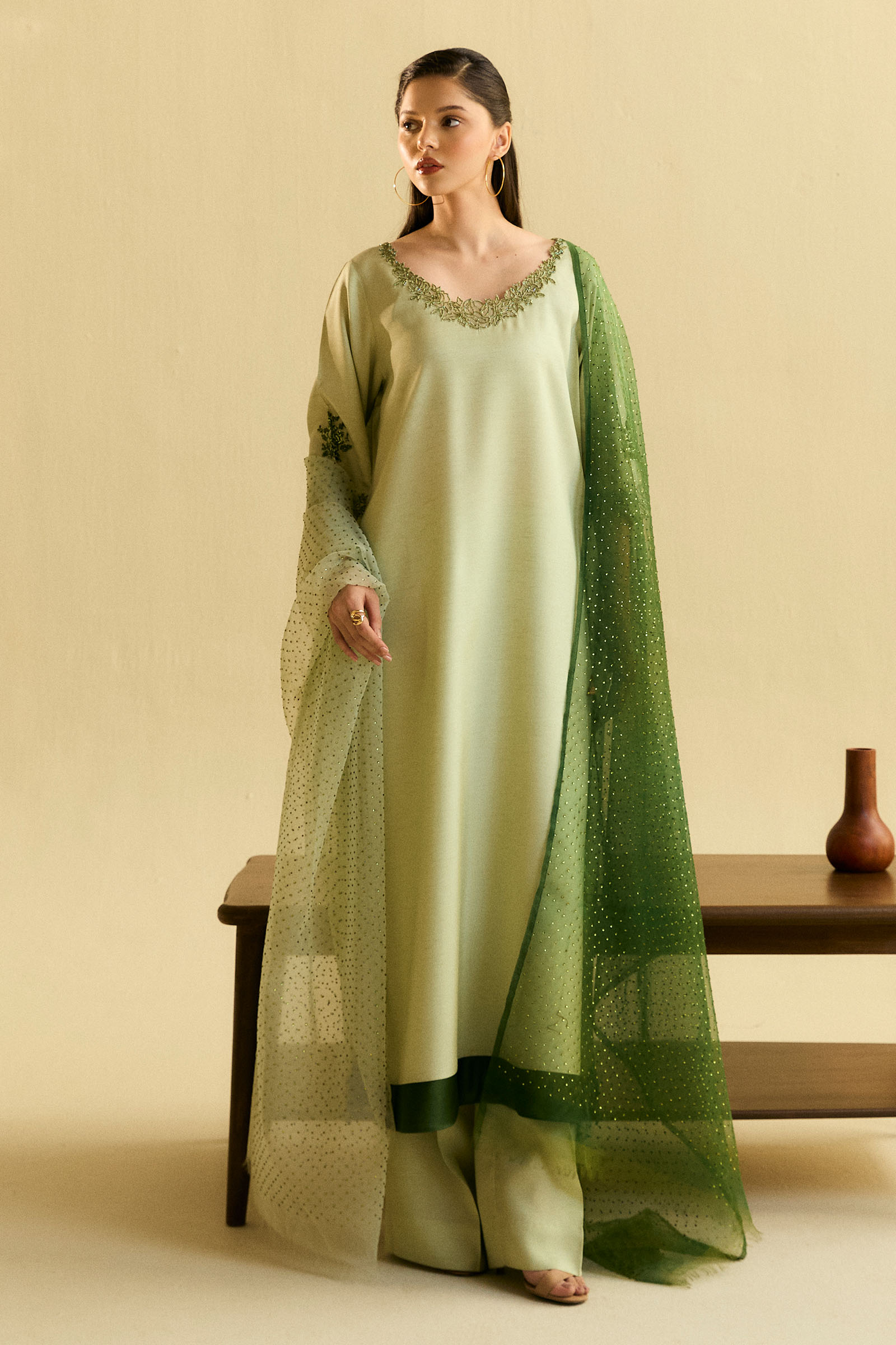 Light Pistachio Embroidered Raw Silk Salwar Kameez (3-Piece) - Image 1