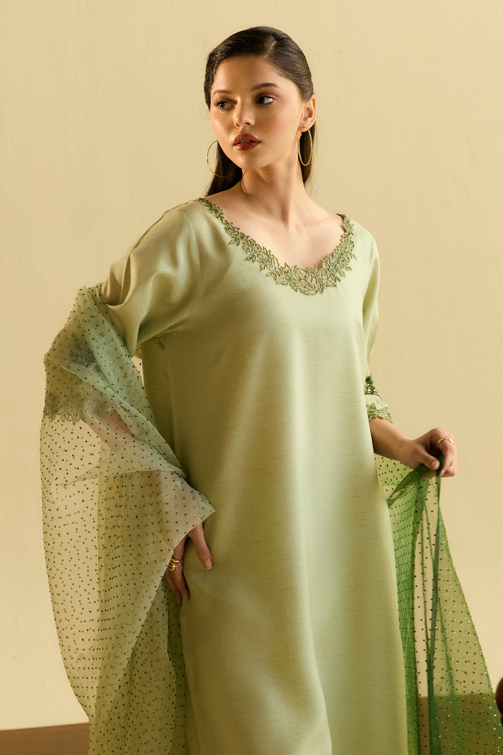 Light Pistachio Embroidered Raw Silk Salwar Kameez (3-Piece) - Image 2