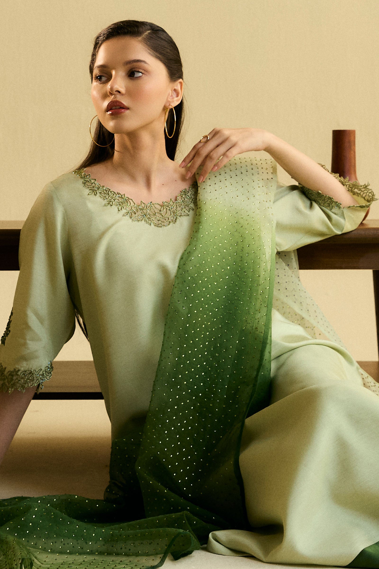 Light Pistachio Embroidered Raw Silk Salwar Kameez (3-Piece) - Image 3