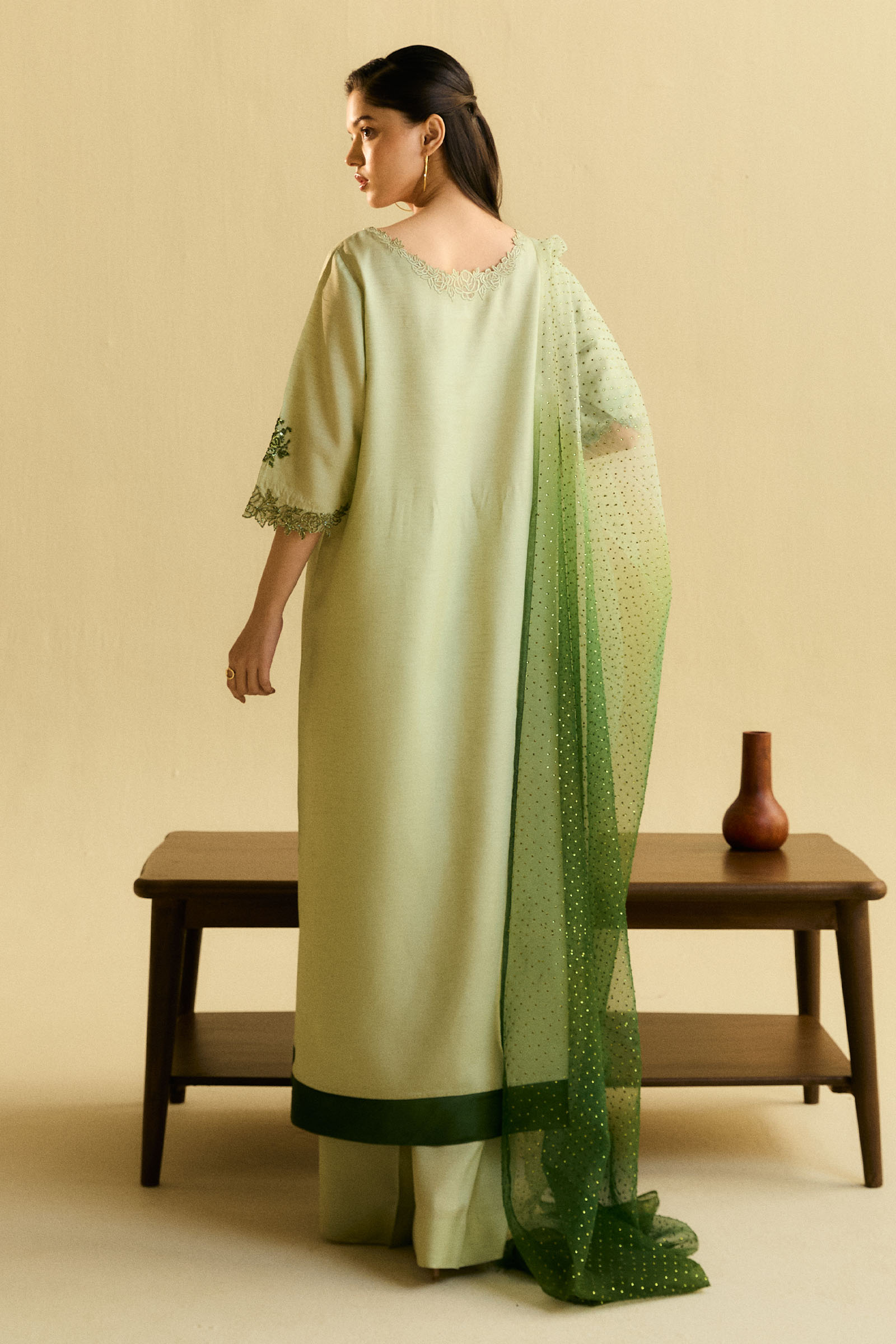 Light Pistachio Embroidered Raw Silk Salwar Kameez (3-Piece) - Image 4