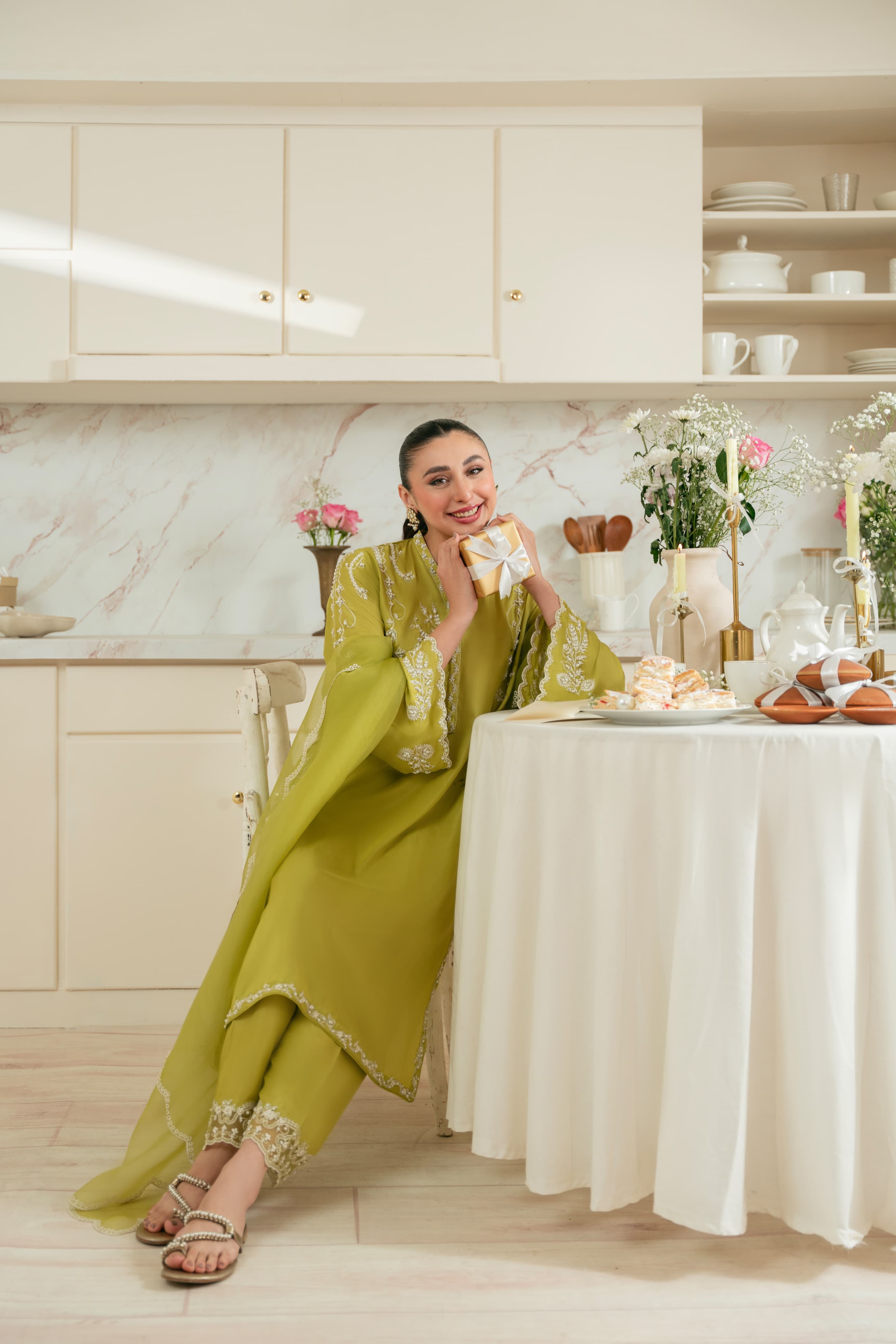 Pakistani Dhani Green Embroidered Pure Raw Silk Kameez (3-Piece) - Image 1