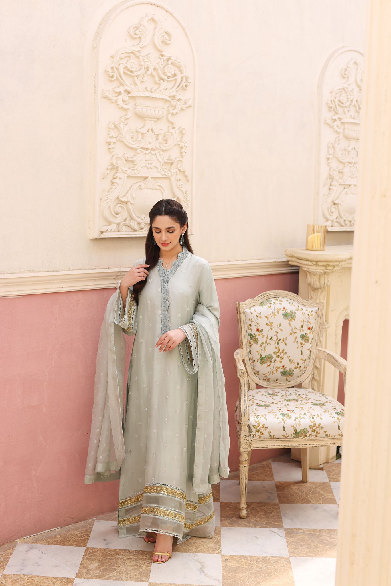 Pakistani Mint Green Embroidered Raw Silk Salwar Kameez (3-Piece) - Image 1