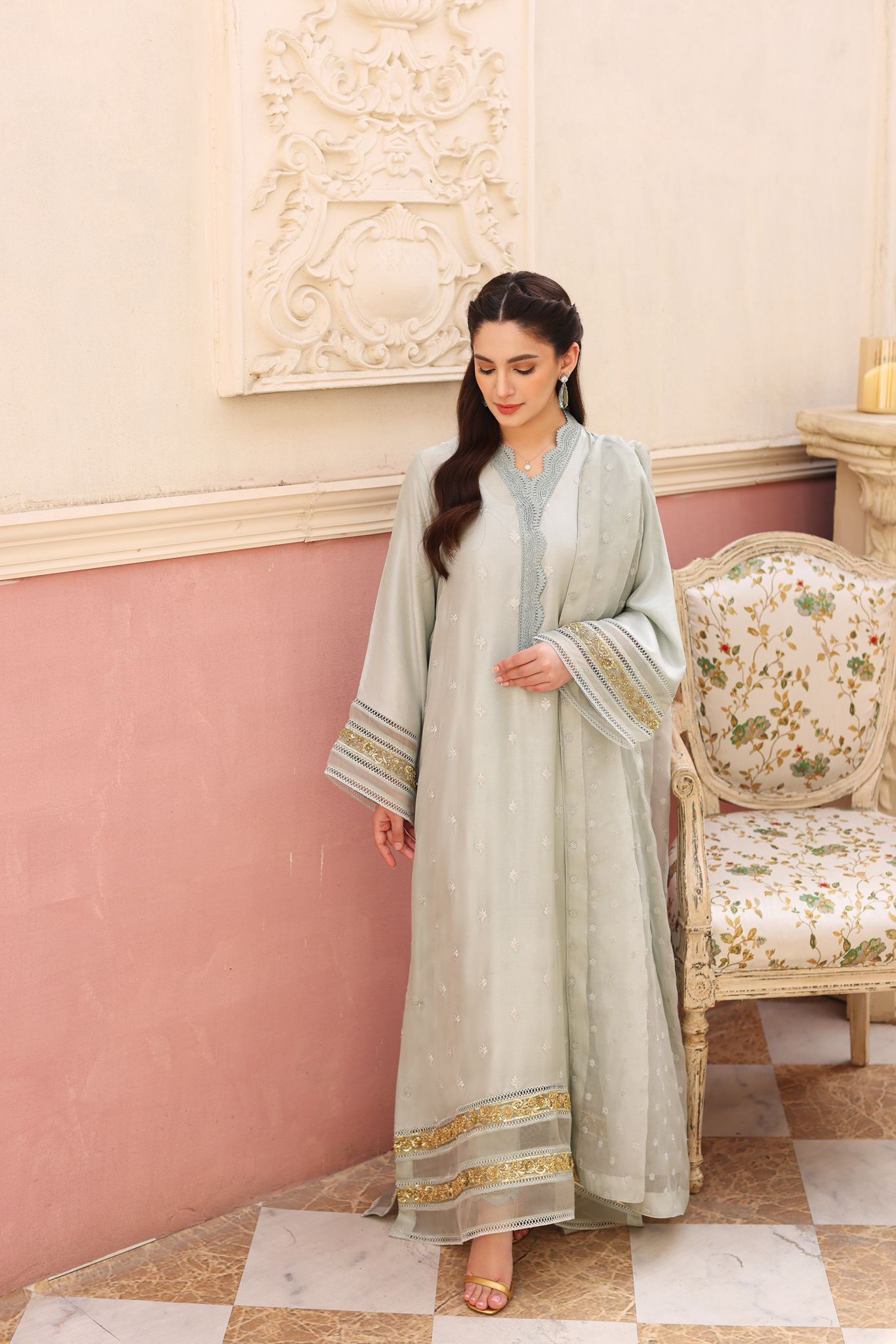 Pakistani Mint Green Embroidered Raw Silk Salwar Kameez (3-Piece) - Image 2