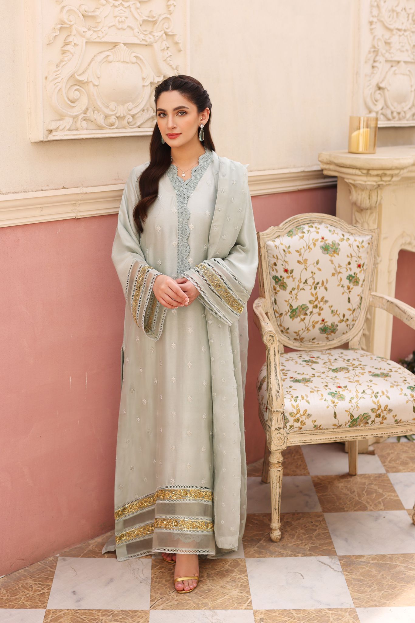 Pakistani Mint Green Embroidered Raw Silk Salwar Kameez (3-Piece) - Image 3