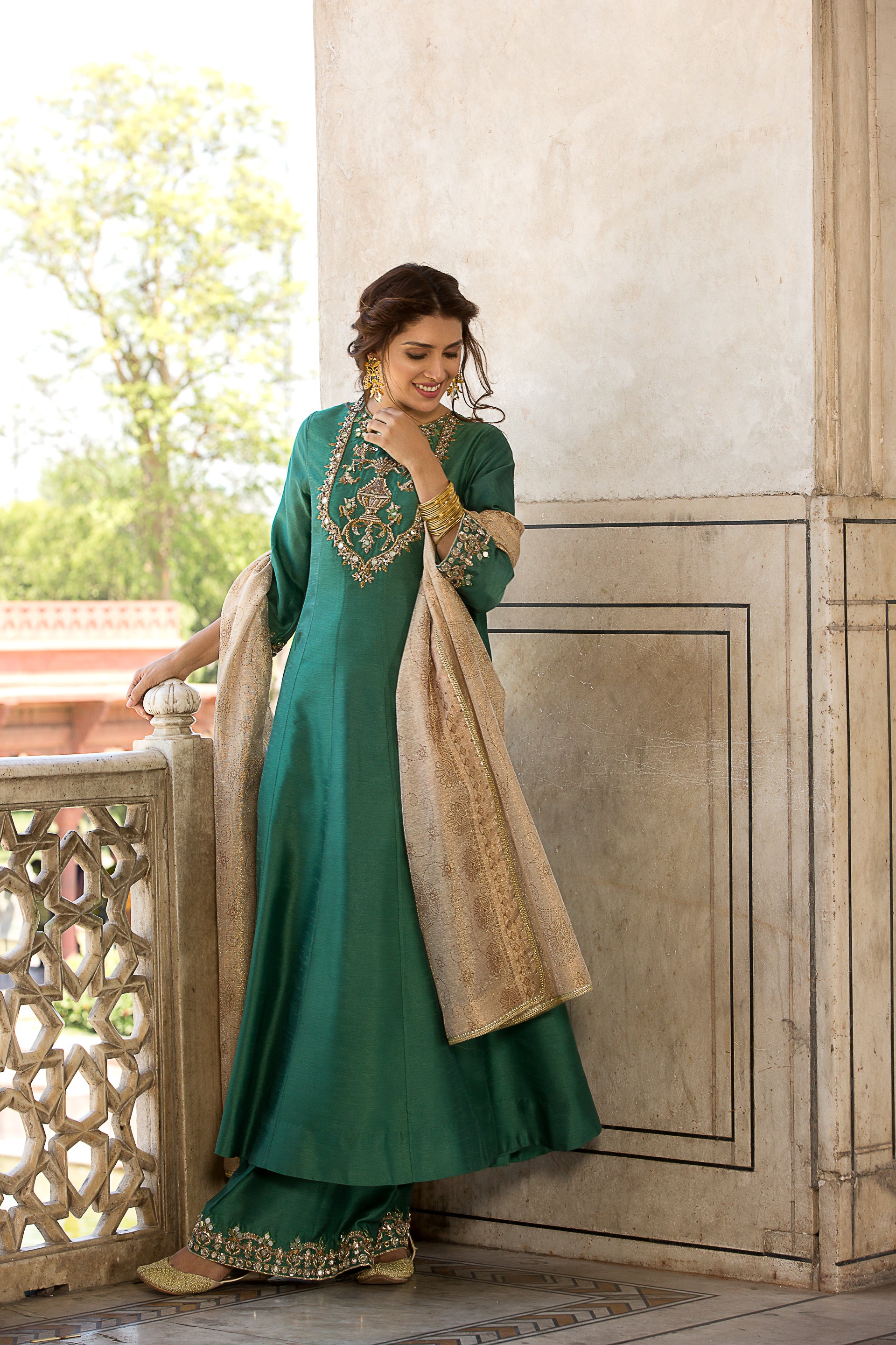 Pakistani Emerald Embellished Raw Silk Salwar Kameez (3-Piece) - Image 1