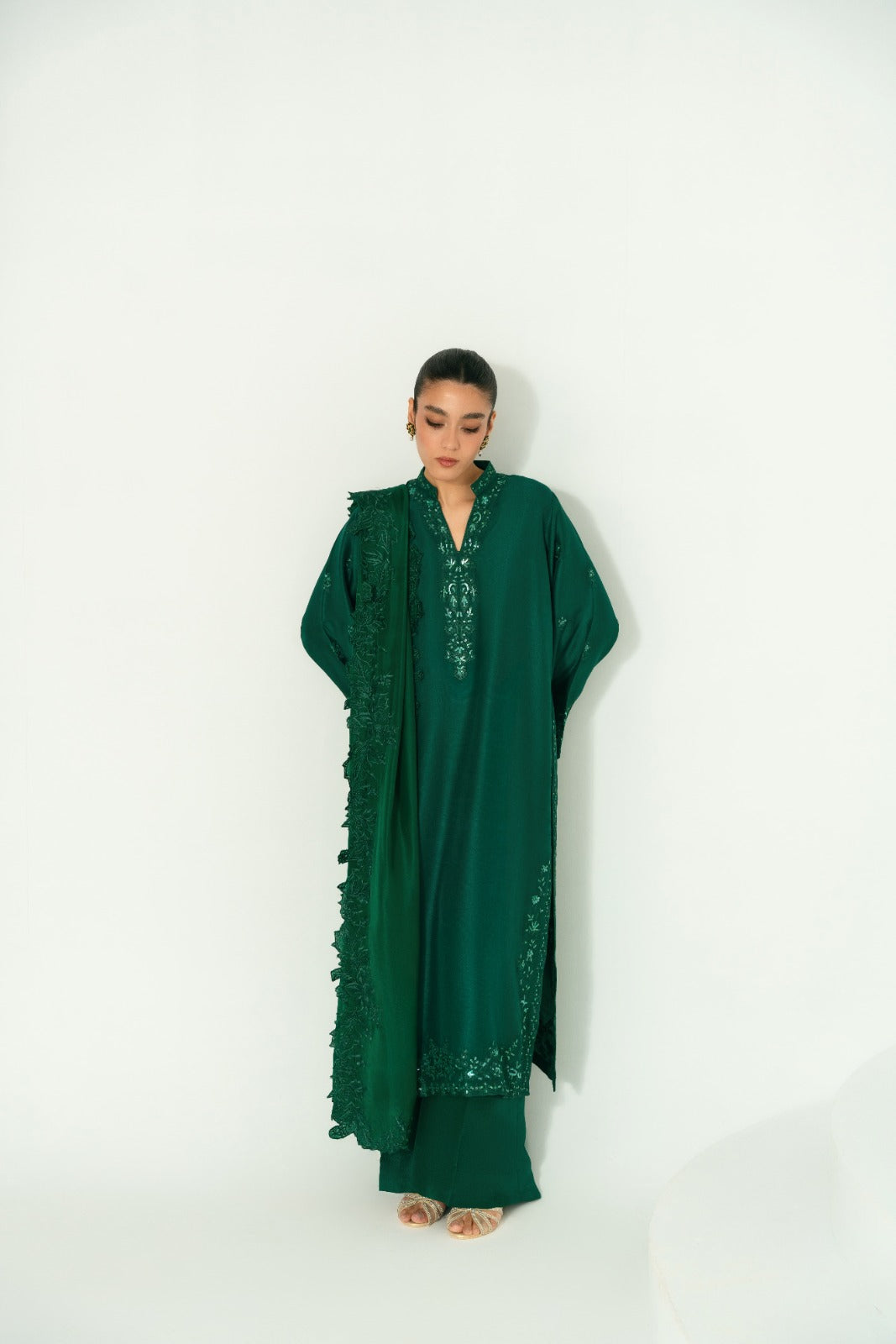 Emerald Green Embroidered Pure Raw Silk Kameez (3-Piece) - Image 1