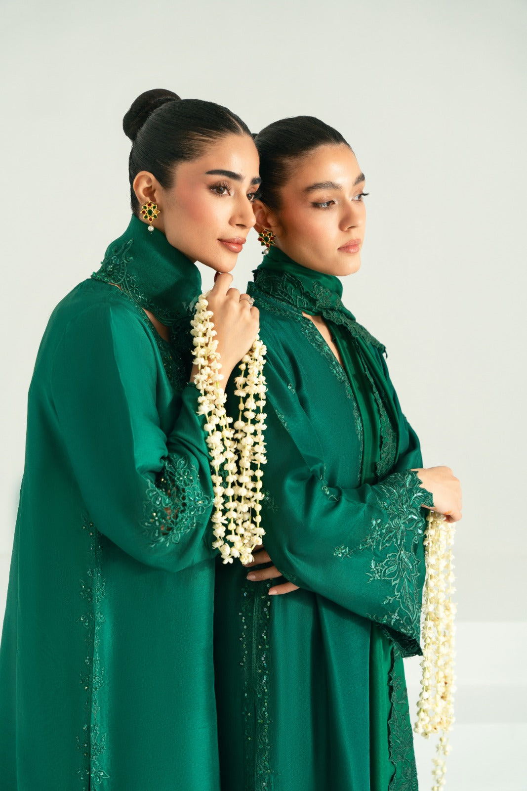 Emerald Green Embroidered Pure Raw Silk Kameez (3-Piece) - Image 11