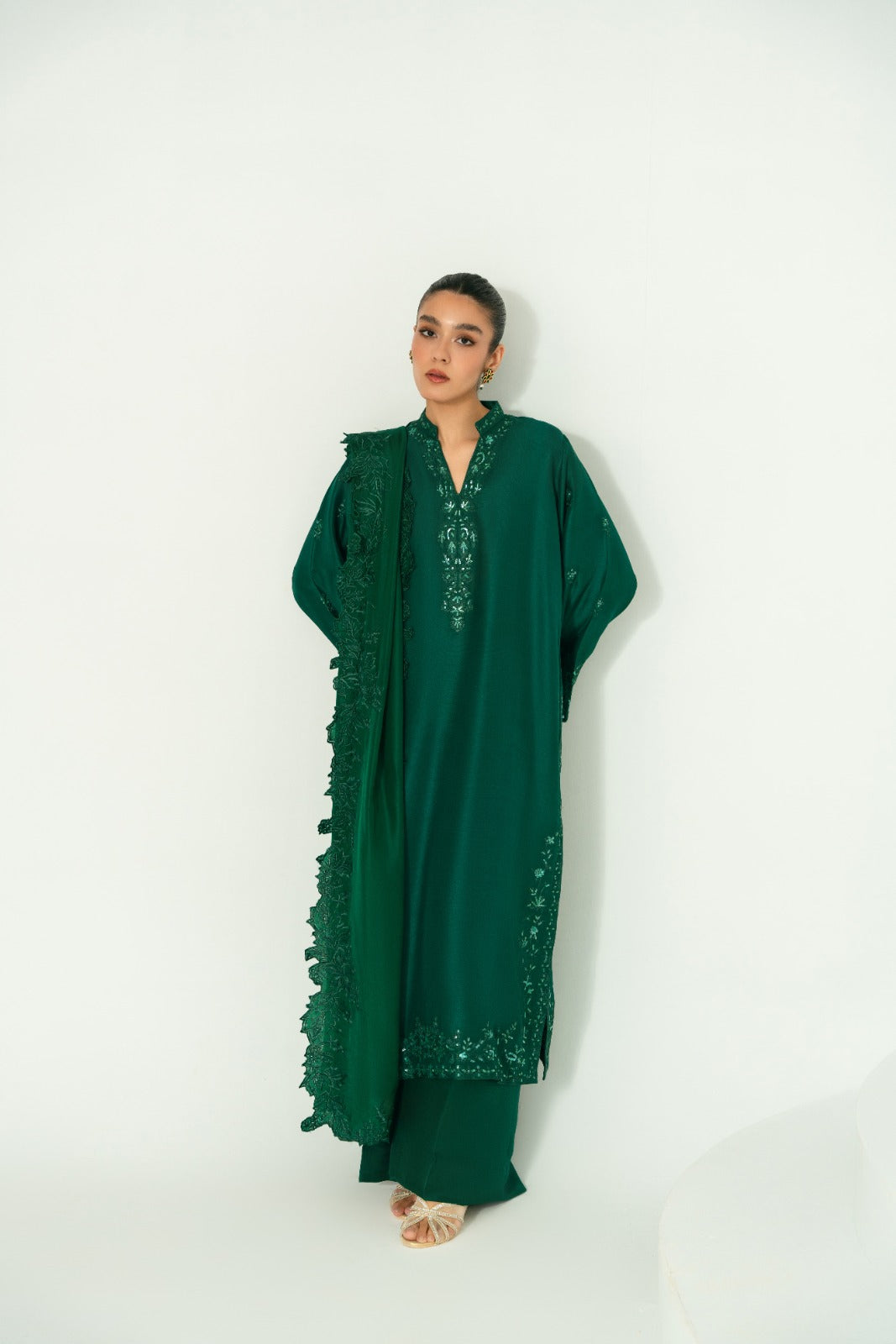 Emerald Green Embroidered Pure Raw Silk Kameez (3-Piece) - Image 2
