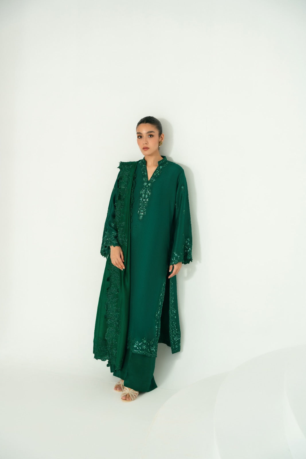 Emerald Green Embroidered Pure Raw Silk Kameez (3-Piece) - Image 3