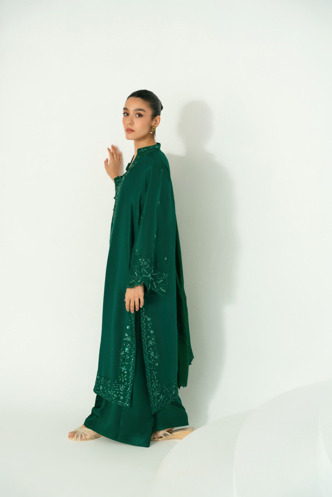Emerald Green Embroidered Pure Raw Silk Kameez (3-Piece) - Image 5
