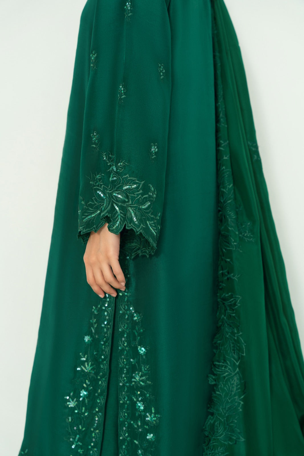 Emerald Green Embroidered Pure Raw Silk Kameez (3-Piece) - Image 6