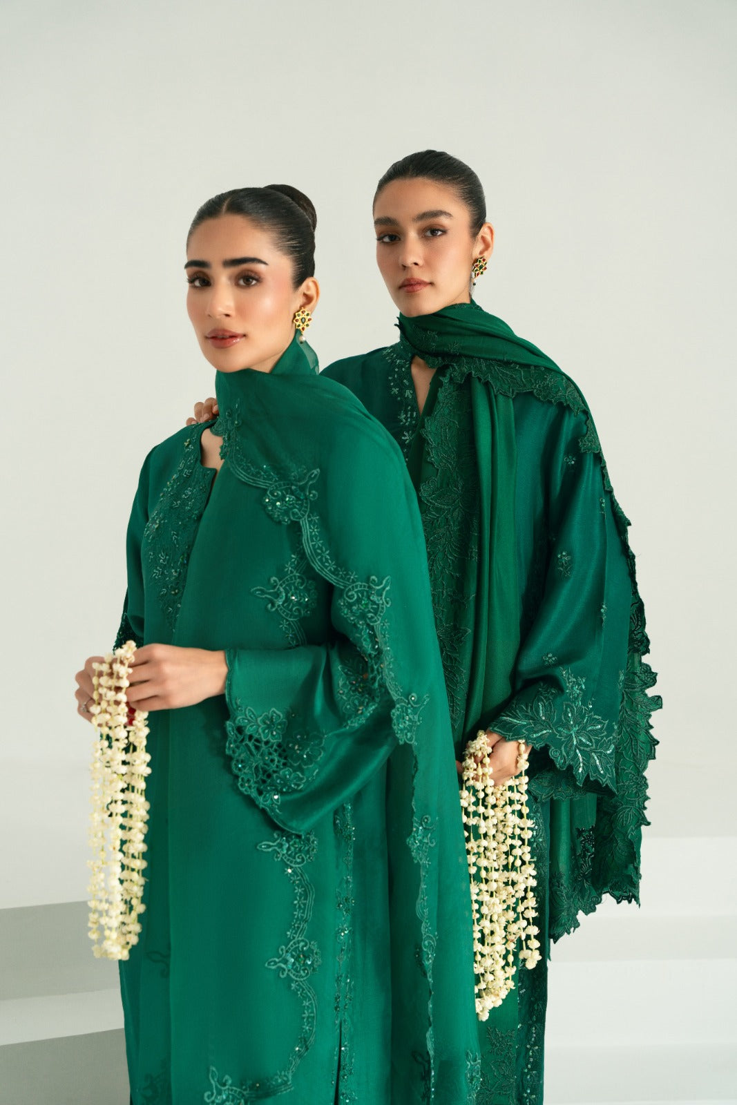 Emerald Green Embroidered Pure Raw Silk Kameez (3-Piece) - Image 8