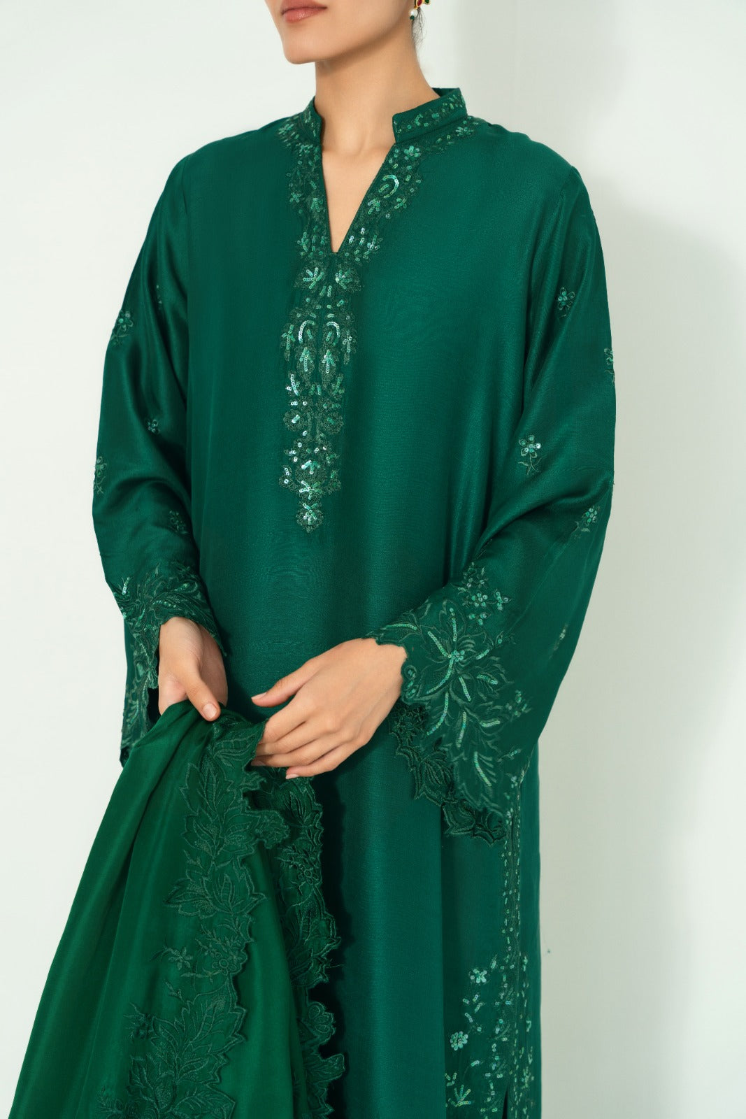 Emerald Green Embroidered Pure Raw Silk Kameez (3-Piece) - Image 9