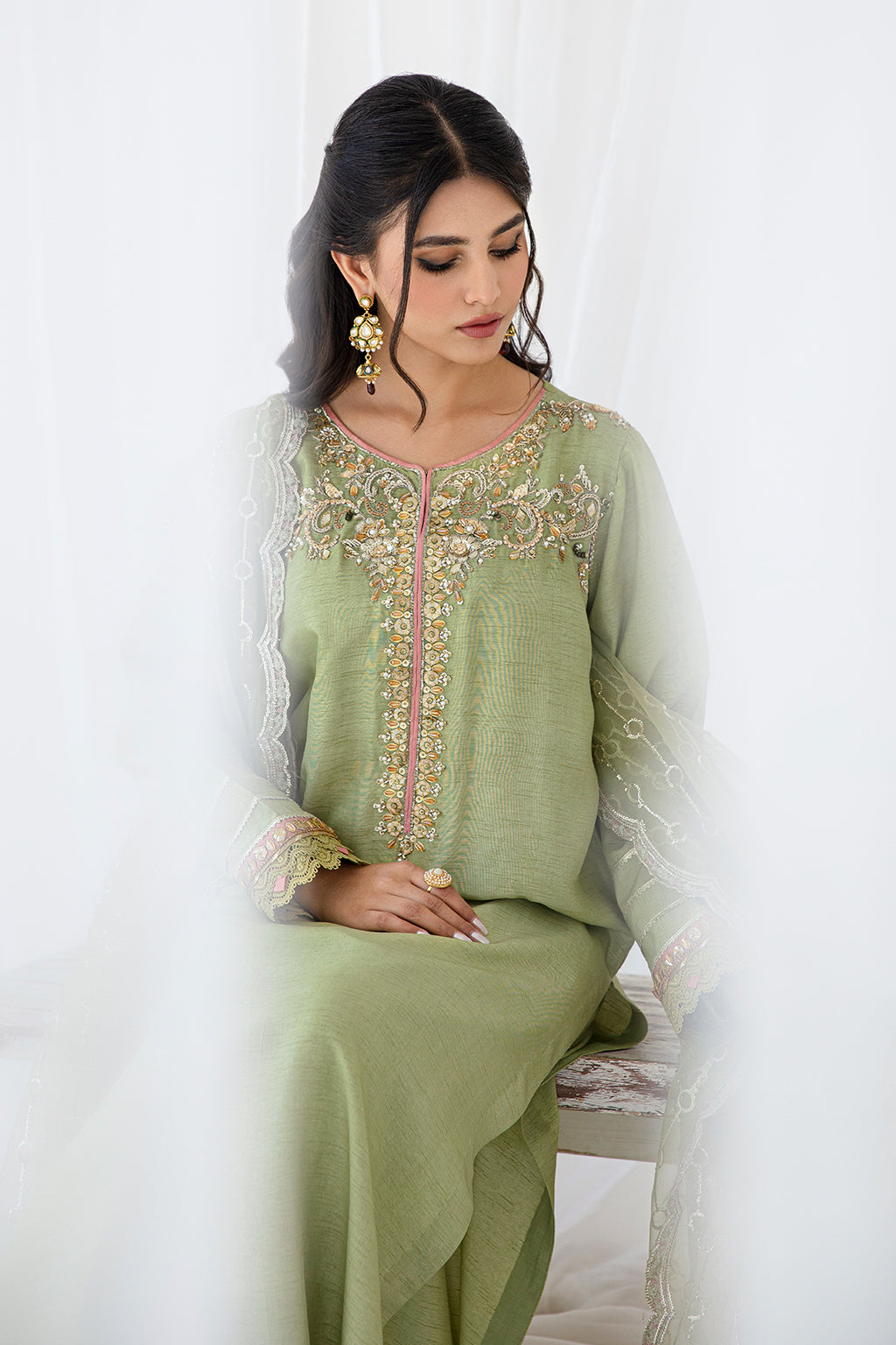 Sage Green Embroidered Korean Raw Silk Salwar Kameez (3-Piece) - Image 2