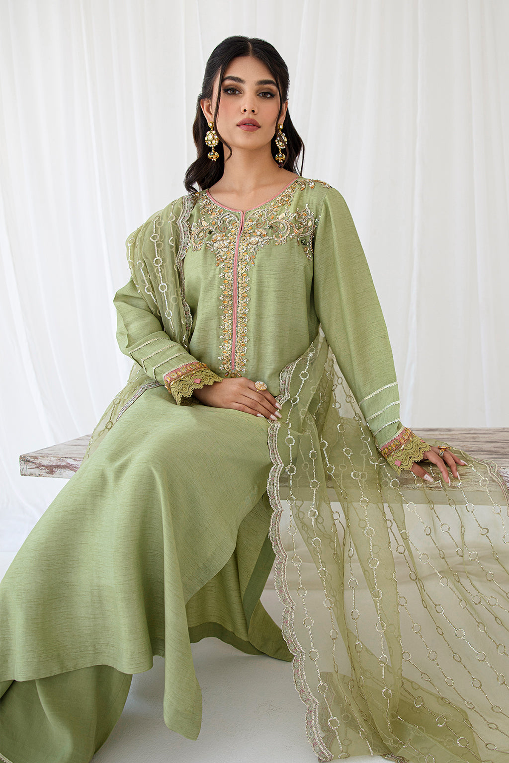 Sage Green Embroidered Korean Raw Silk Salwar Kameez (3-Piece) - Image 3