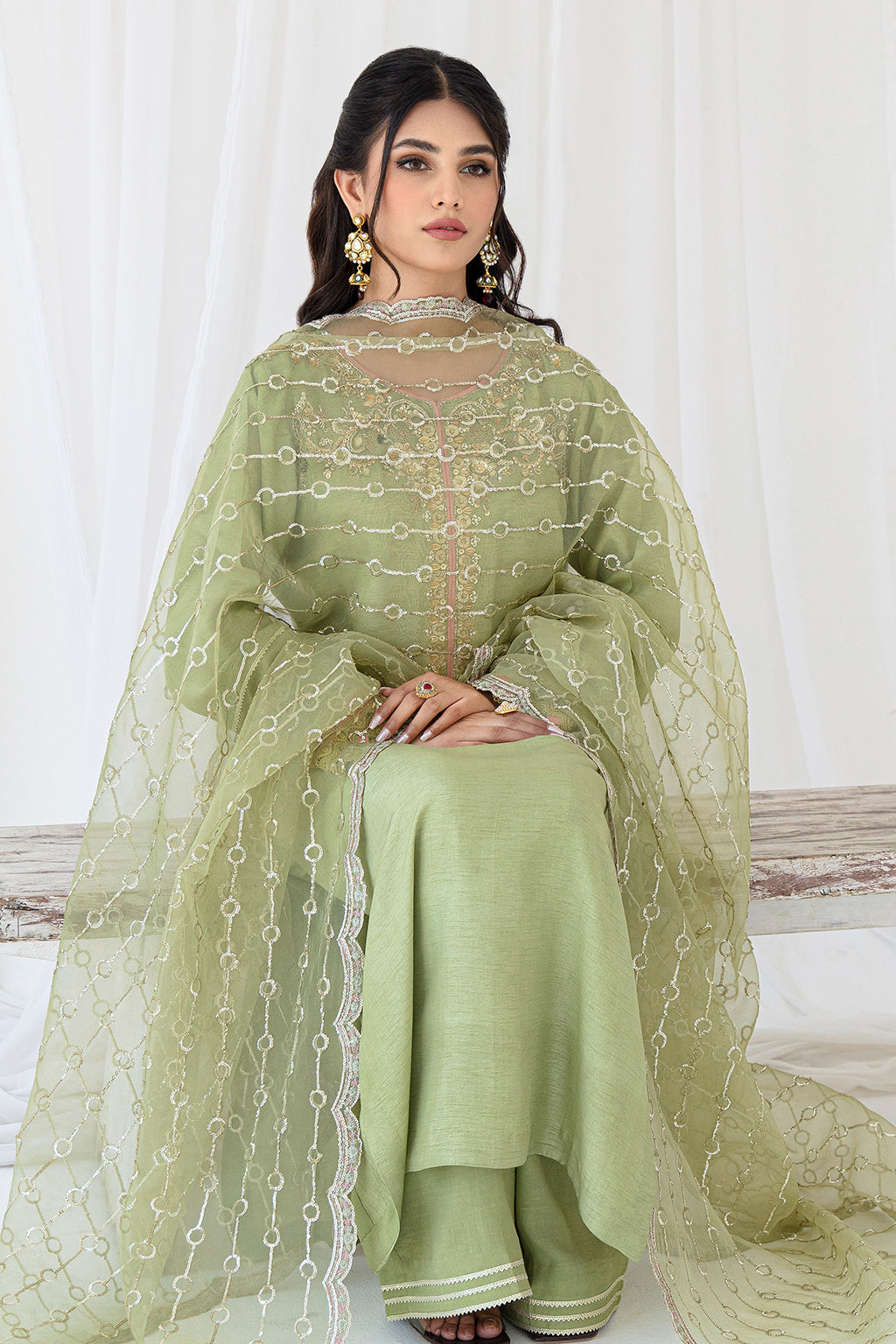 Sage Green Embroidered Korean Raw Silk Salwar Kameez (3-Piece) - Image 4