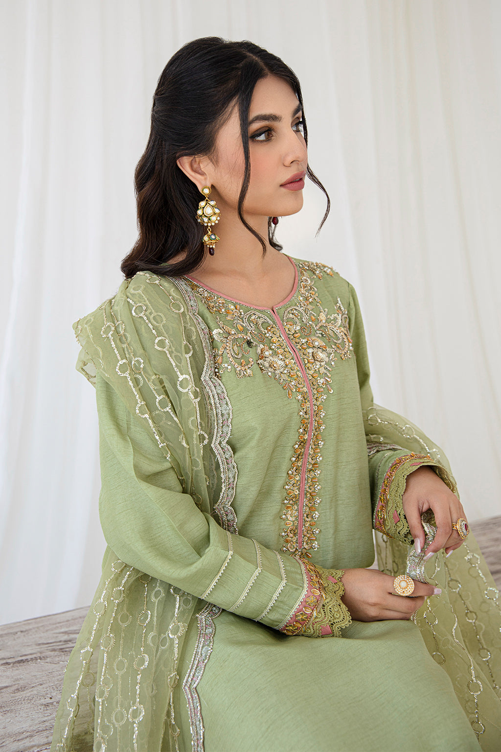 Sage Green Embroidered Korean Raw Silk Salwar Kameez (3-Piece) - Image 5