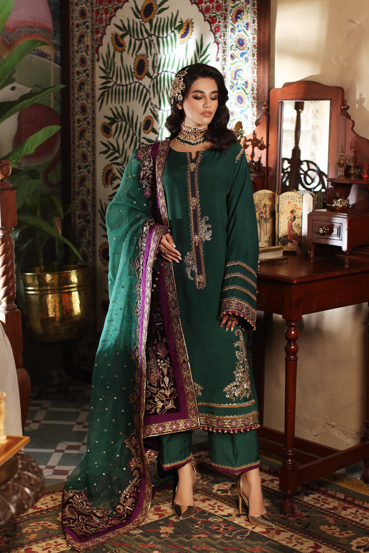 Pakistani Emerald Embroidered Raw Silk Salwar Kameez (3-Piece) - Image 1