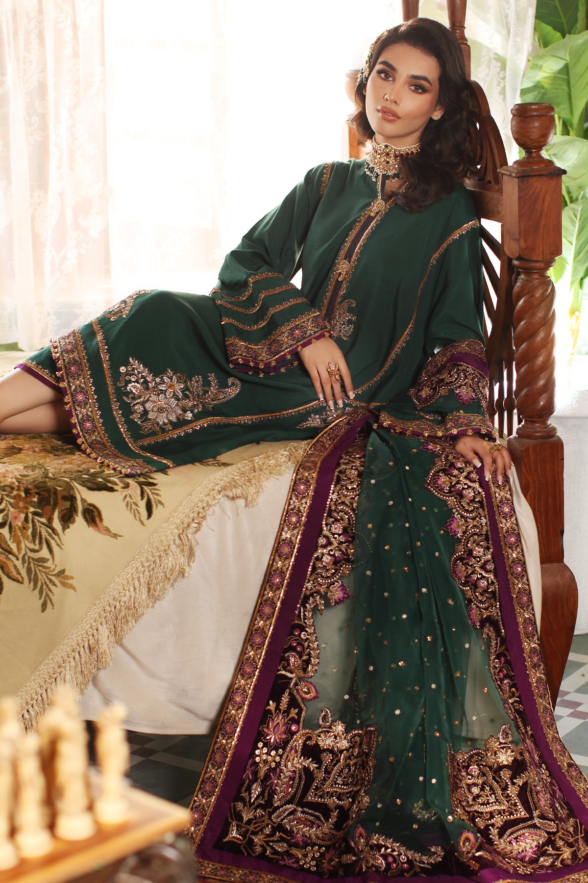 Pakistani Emerald Embroidered Raw Silk Salwar Kameez (3-Piece) - Image 3