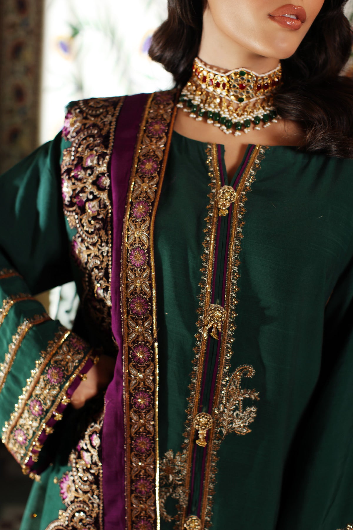 Pakistani Emerald Embroidered Raw Silk Salwar Kameez (3-Piece) - Image 4
