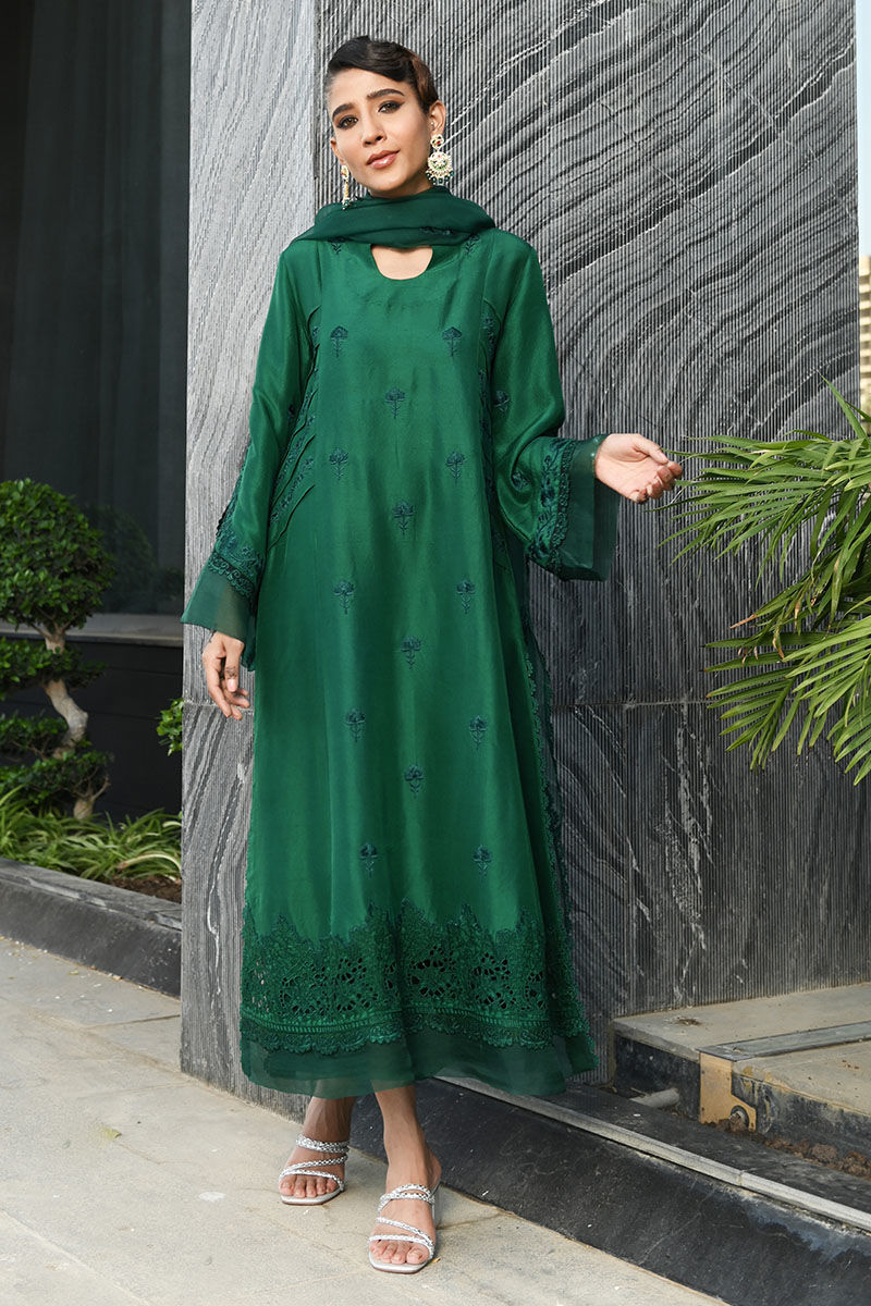Pakistani Emerald Green Embroidered Raw Silk A-Line Shirt (3-Piece) - Image 1
