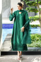 Pakistani Emerald Green Embroidered Raw Silk A-Line Shirt (3-Piece) - Image 10
