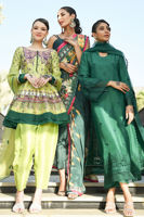 Pakistani Emerald Green Embroidered Raw Silk A-Line Shirt (3-Piece) - Image 11