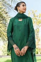 Pakistani Emerald Green Embroidered Raw Silk A-Line Shirt (3-Piece) - Image 4