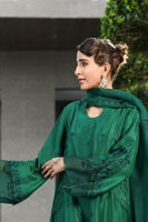 Pakistani Emerald Green Embroidered Raw Silk A-Line Shirt (3-Piece) - Image 5