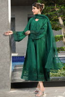 Pakistani Emerald Green Embroidered Raw Silk A-Line Shirt (3-Piece) - Image 6