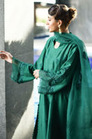 Pakistani Emerald Green Embroidered Raw Silk A-Line Shirt (3-Piece) - Image 7