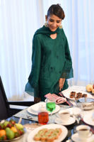 Pakistani Emerald Green Embroidered Raw Silk A-Line Shirt (3-Piece) - Image 8