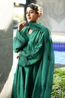 Pakistani Emerald Green Embroidered Raw Silk A-Line Shirt (3-Piece) - Image 9