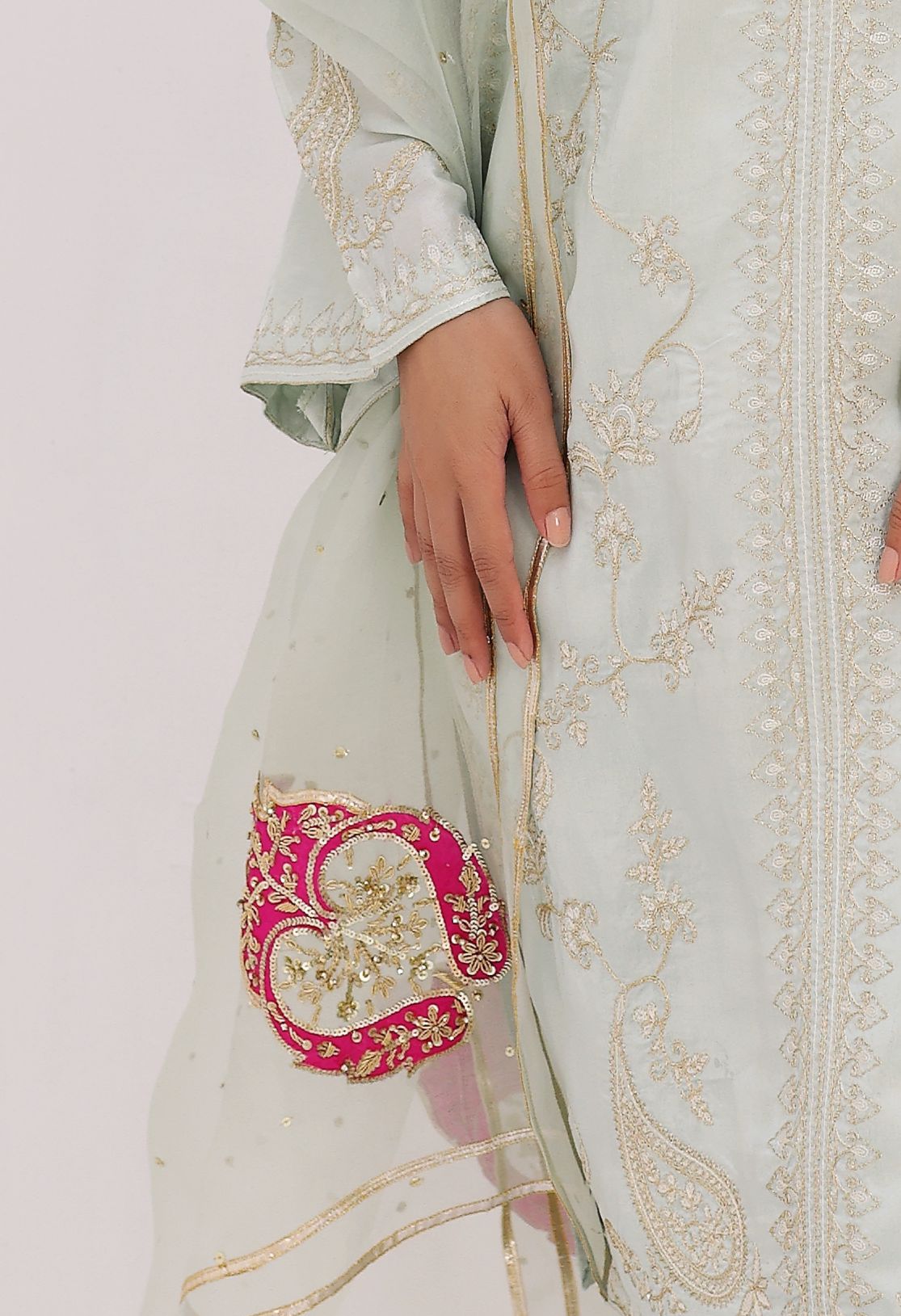 Pakistani Pastel Mint Green Zardosi Raw Silk Kameez (3-Piece) - Image 2