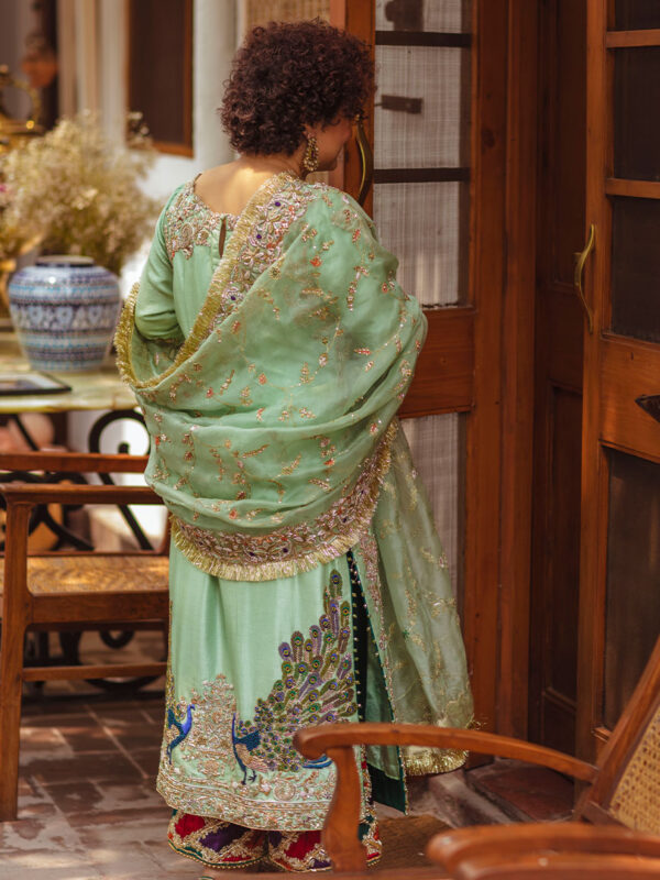 Pakistani Mint Green Zardozi Raw Silk Salwar Kameez (3-Piece) - Image 2