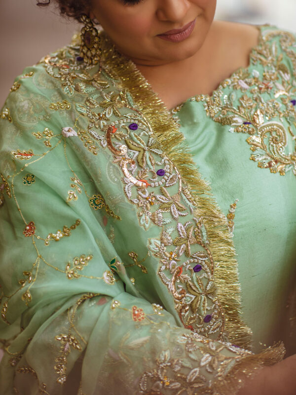 Pakistani Mint Green Zardozi Raw Silk Salwar Kameez (3-Piece) - Image 3