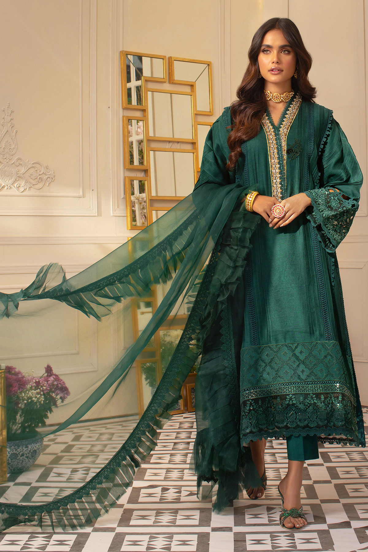 Emerald Zardozi Raw Silk A-Line Salwar Kameez (3-Piece) - Image 1