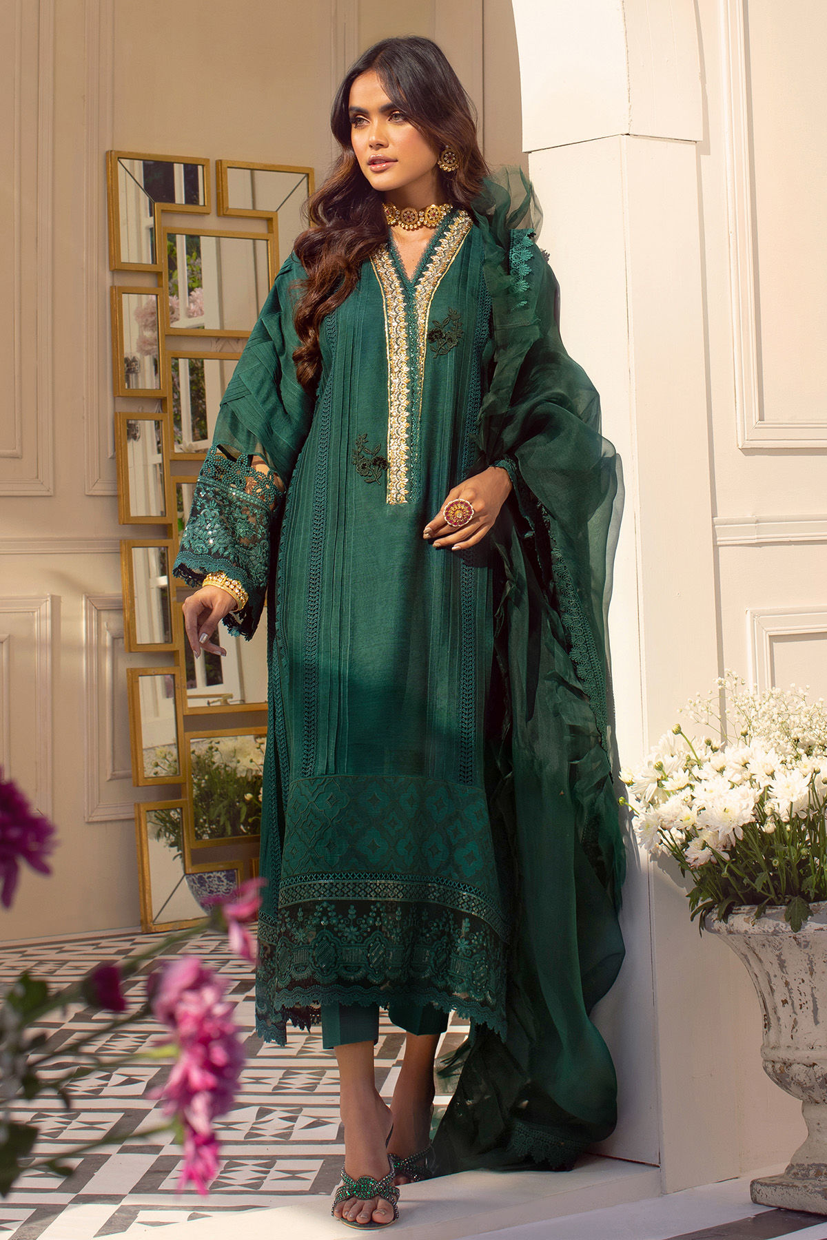 Emerald Zardozi Raw Silk A-Line Salwar Kameez (3-Piece) - Image 8