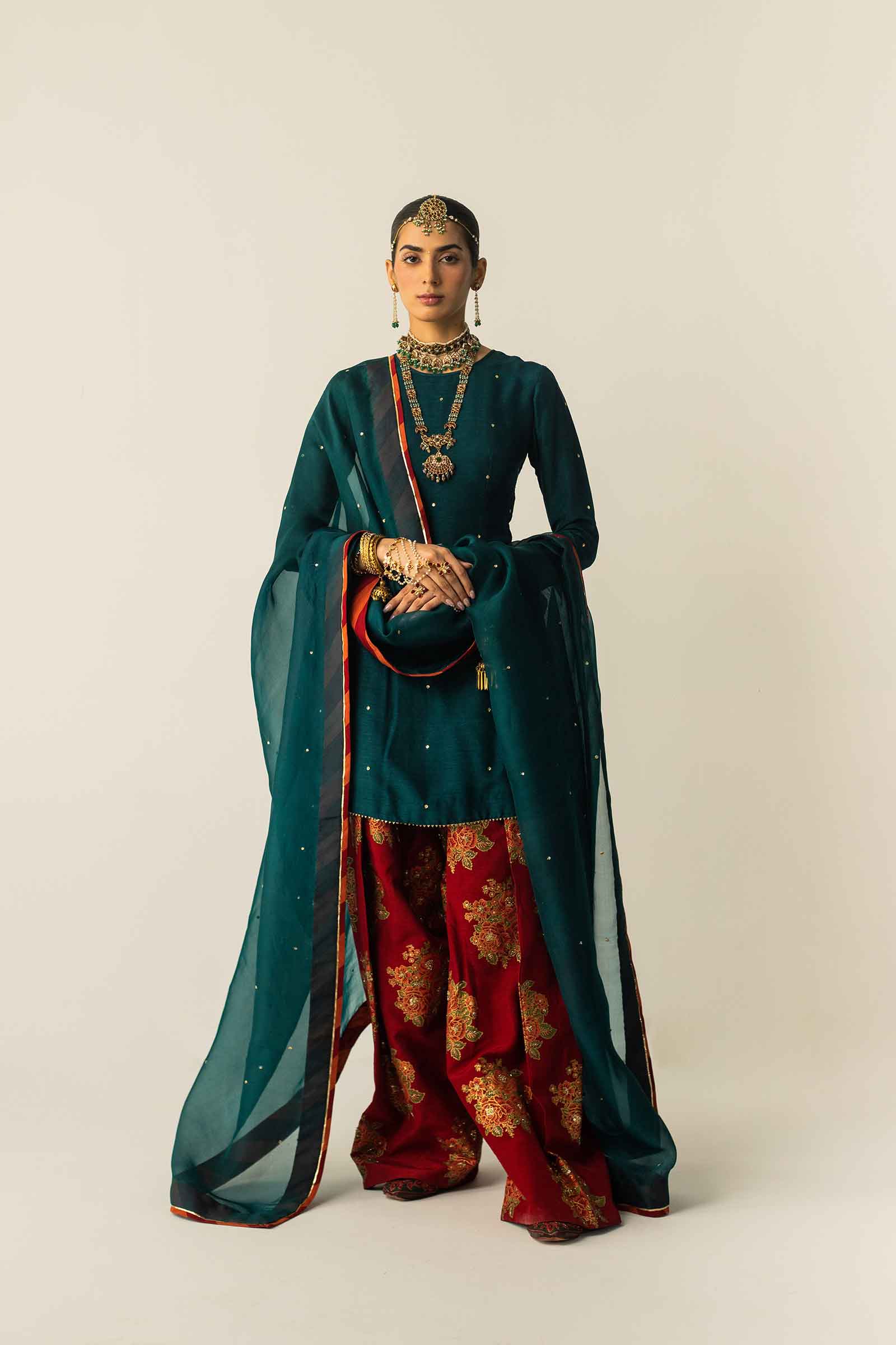 Pakistani Deep Teal Zardozi Raw Silk Salwar Kameez (3-Piece) - Image 1