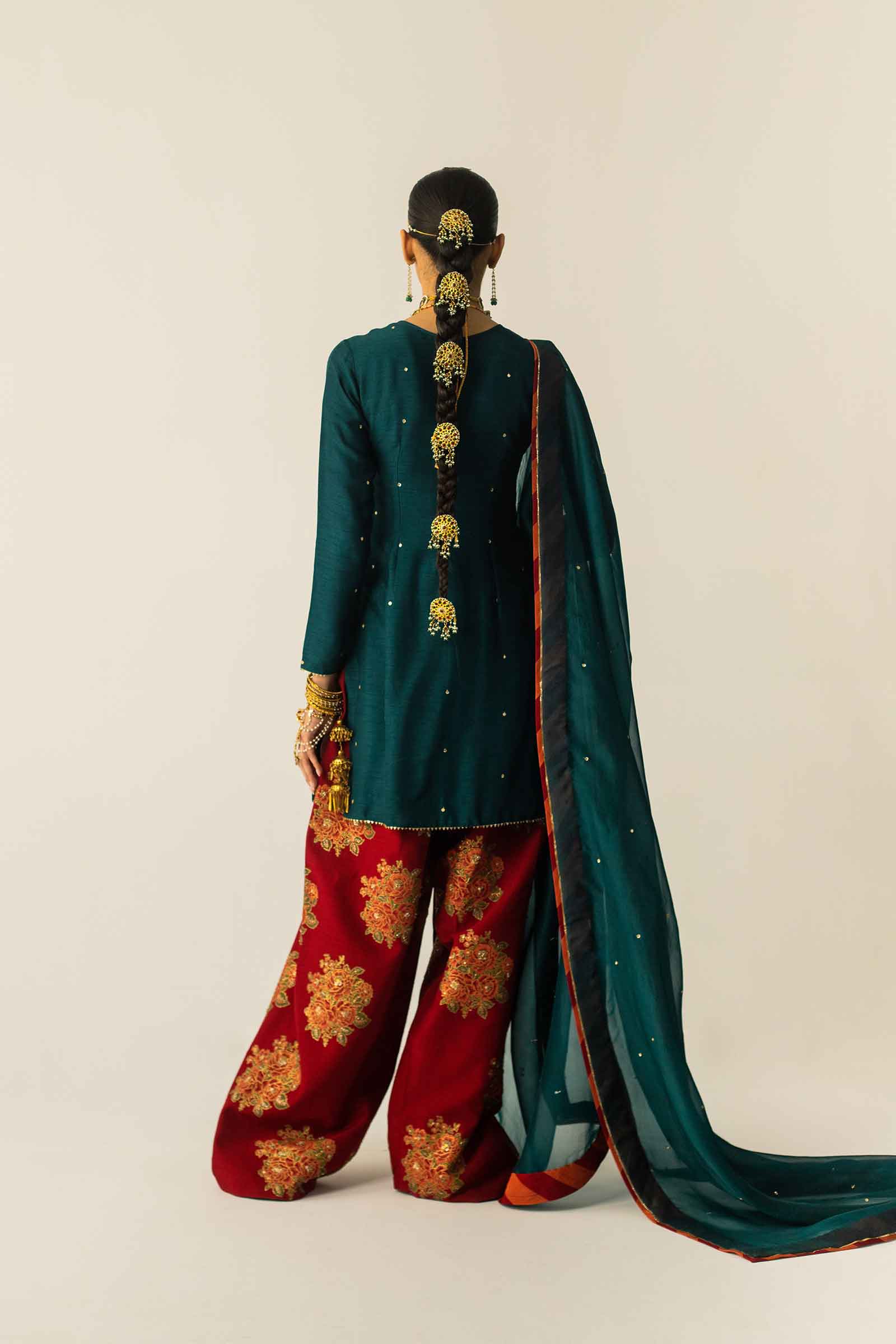 Pakistani Deep Teal Zardozi Raw Silk Salwar Kameez (3-Piece) - Image 11